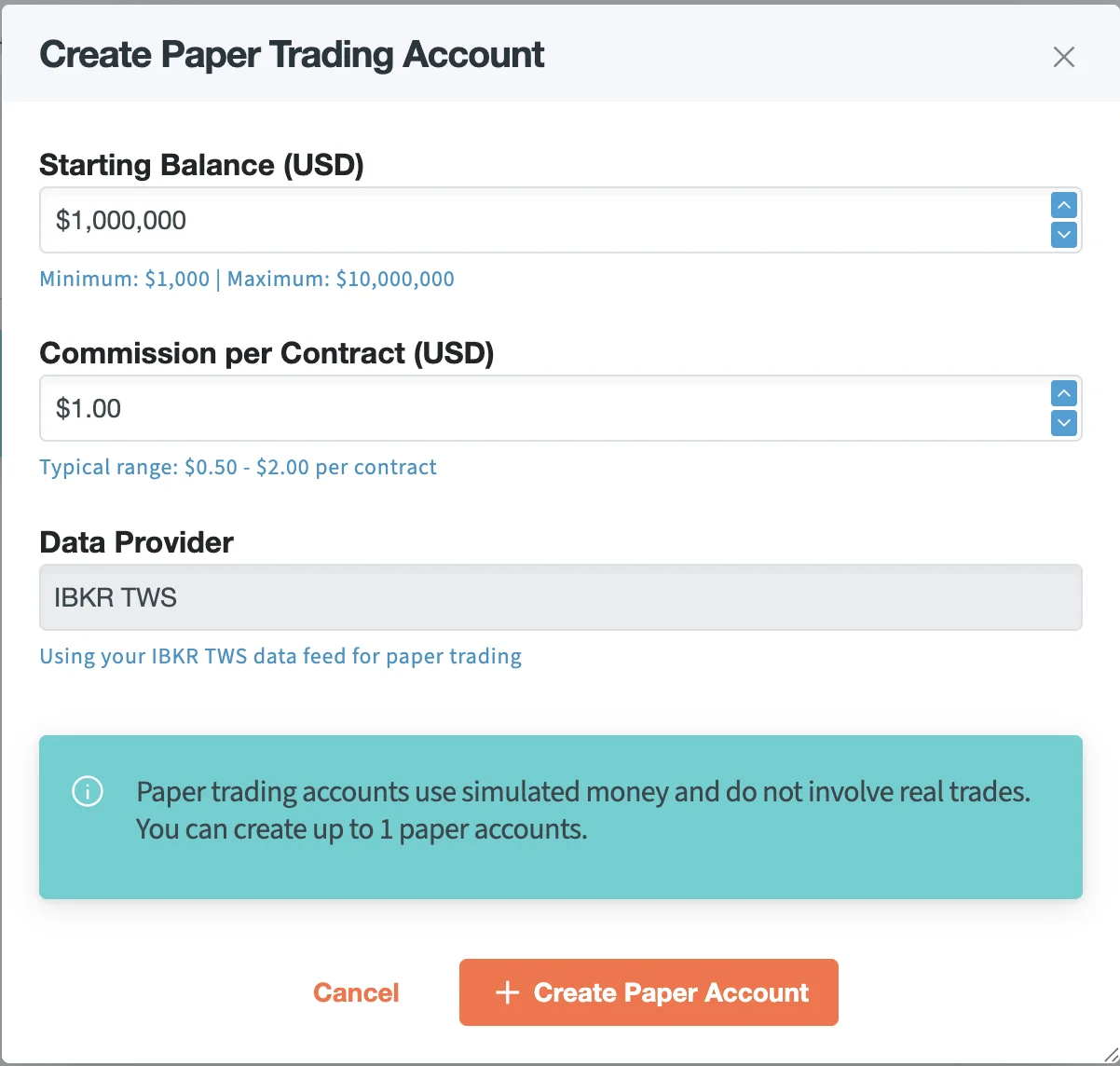 Create paper account dialog