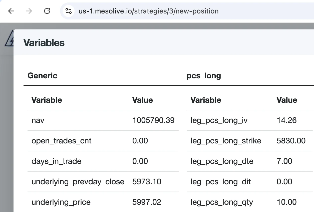 Variables table
