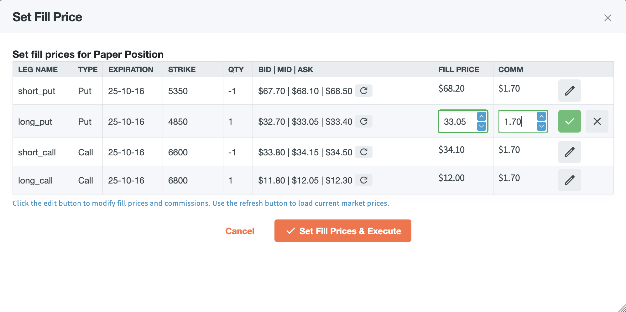 Paper Set Fill Price
